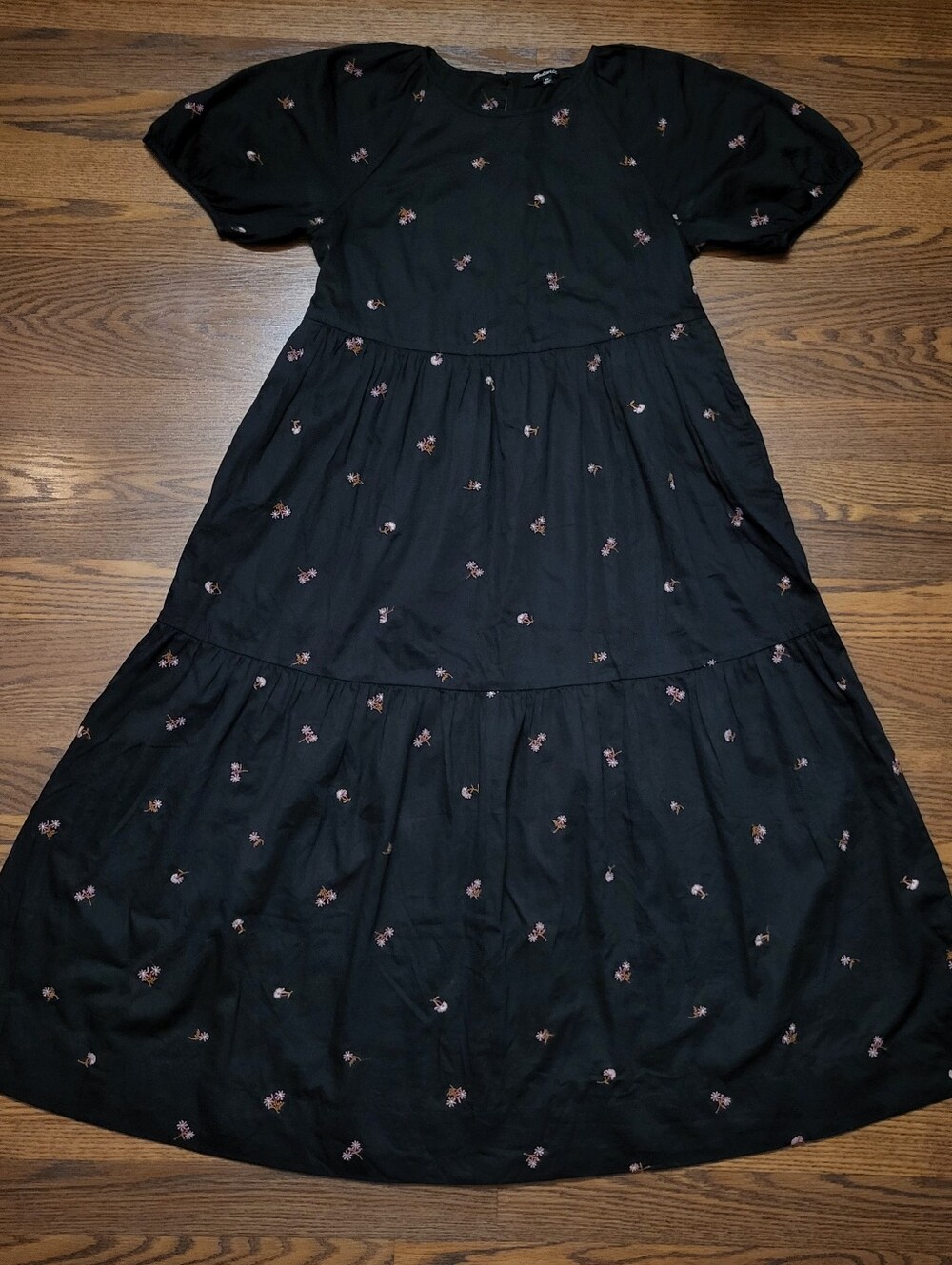 Floral Embroidered MADEWELL Babydoll Tiered Ruffled Maxi Dress Puff Sleeves XS